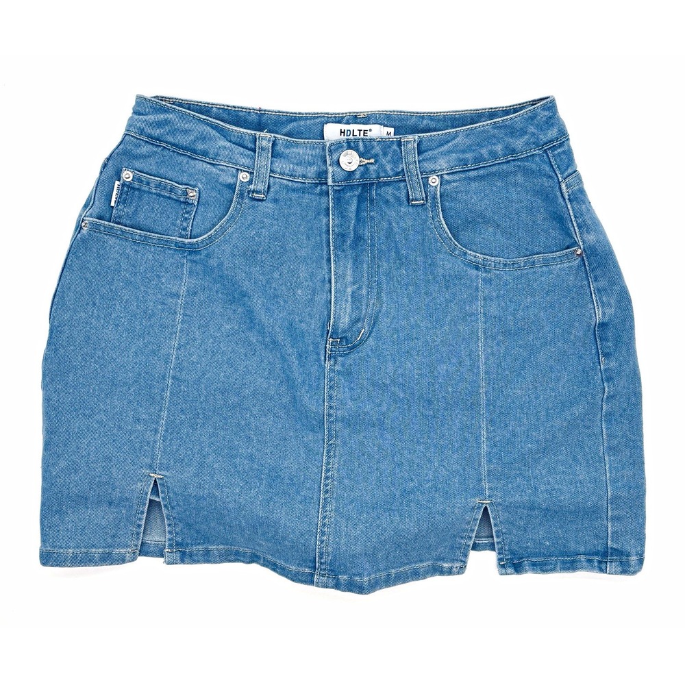 HDLTE Womens Blue Solid Denim Cotton Skort Mini Skort Pockets Zip Skirt Y2K Med